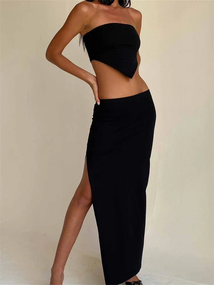 

CHRONSTYLE Women 2 Pieces Summer Outfits Strapless Off Shoulder Irregular Hem Tube Tops Side Split Long Skirts Beachwear 2023