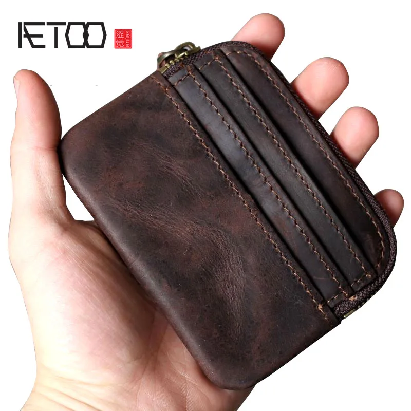 

AETOO Retro first layer leather card wallet purse leather handmade original key package driving license portable mini coin bag