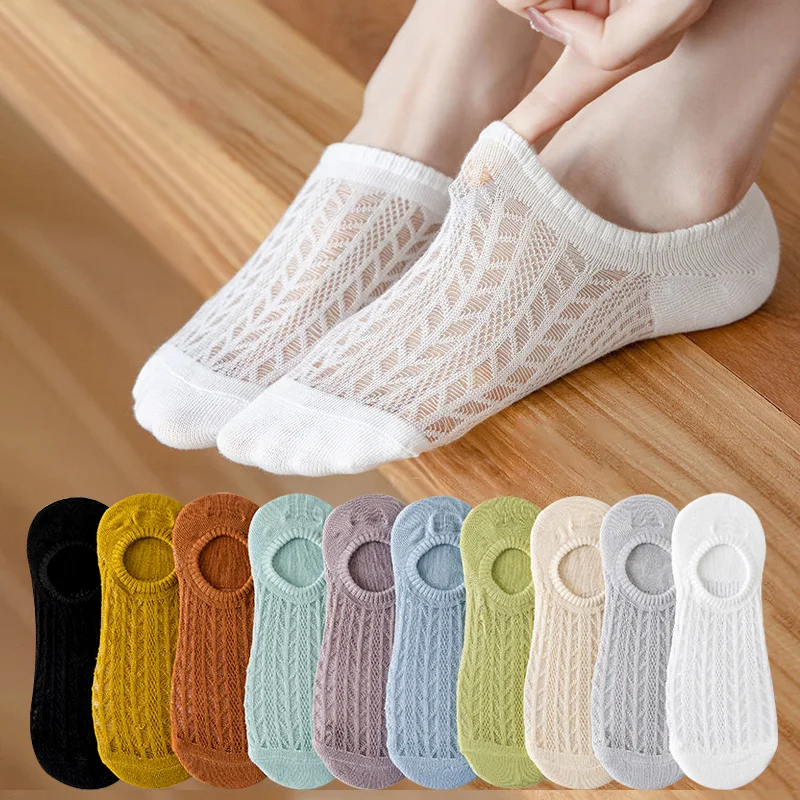 

5 Pairs Women Invisible Socks Slippers Cotton Mesh Silicone Non-slip Low Cut No-show Summer Transparent Thin Female Boat Socks