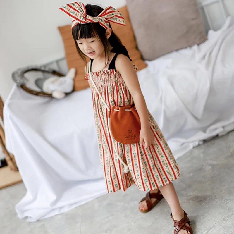 Комплект одежды для девочек новое летнее детское зеленое платье в полоску с