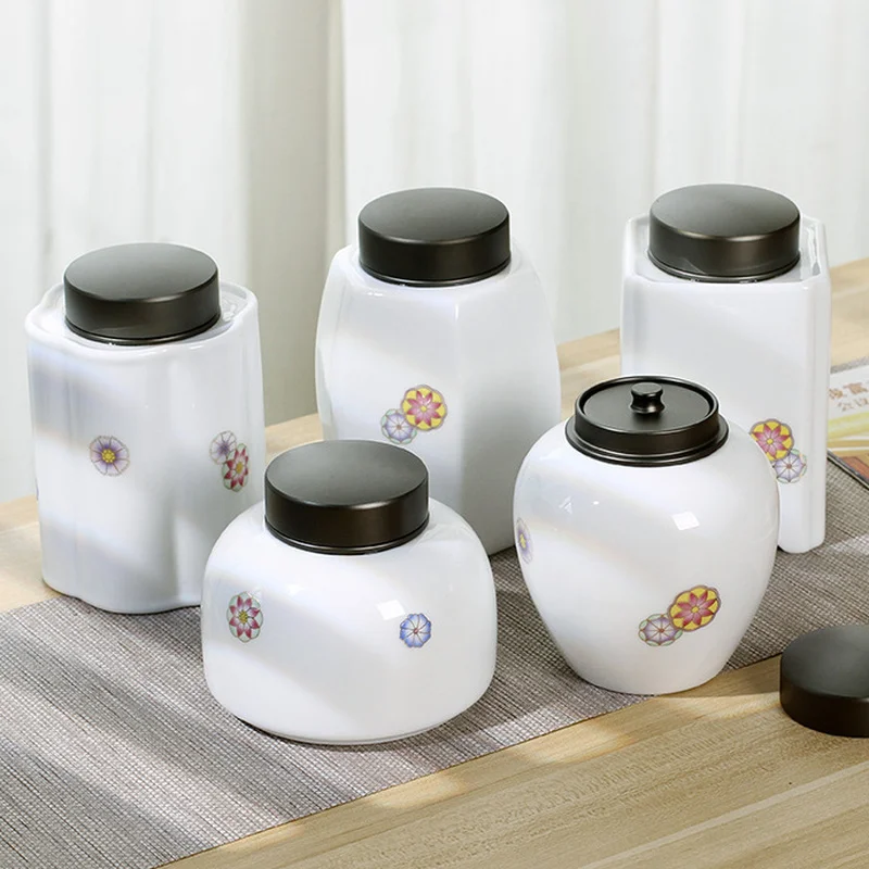 

Modern White Porcelain Tea Tank Alloy Lid Metal Sealed Storage Jar Ceramic Crafts Coffee Beans Candy Jar Debris Storage Bottles