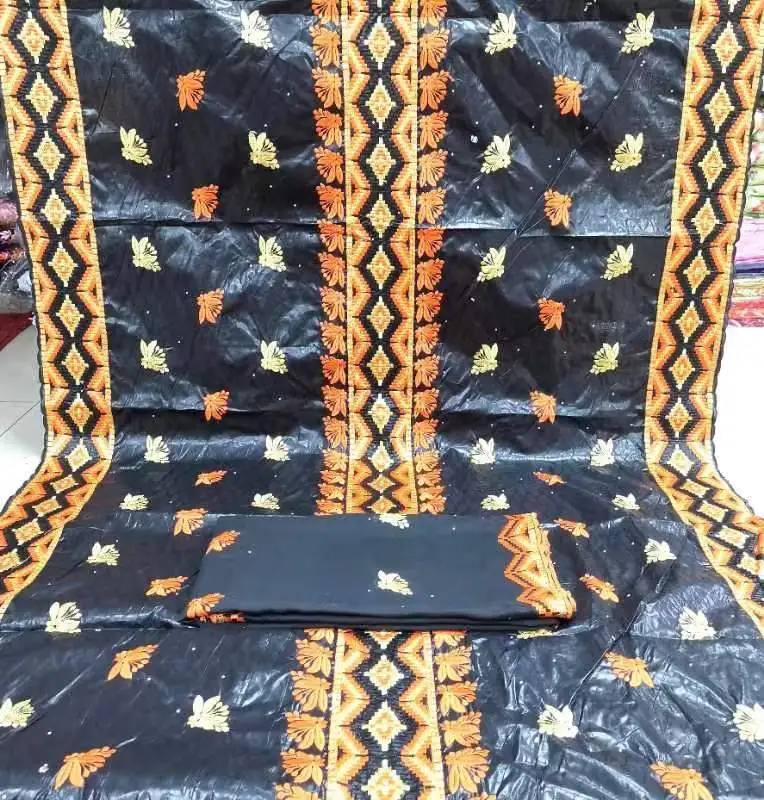 

5+2 yards New arrival Black african Bazin riche fabric with stones nigerian embroidery lace With scarf dress material LYC22130