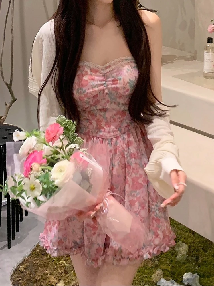 

2022 Summer Pink Floral Mini Dress Women Casual Blouse + Party Strap Dress Beach Style Elegant One Piece Dress Korean Sleeveless