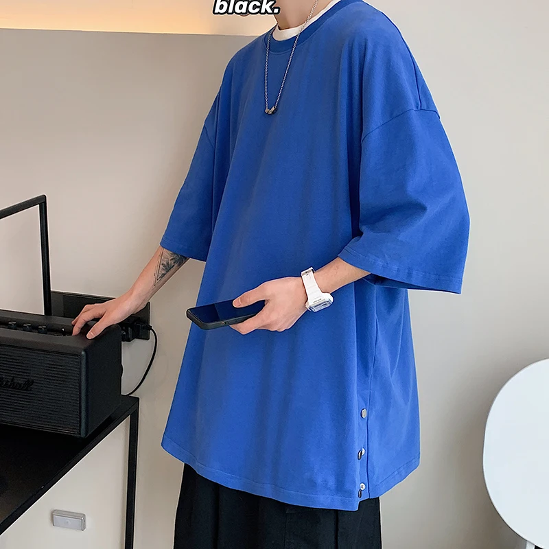 

Футболка мужская оверсайз, хлопок, короткий рукав, боковая пряжка, уличная одежда в стиле хип-хоп