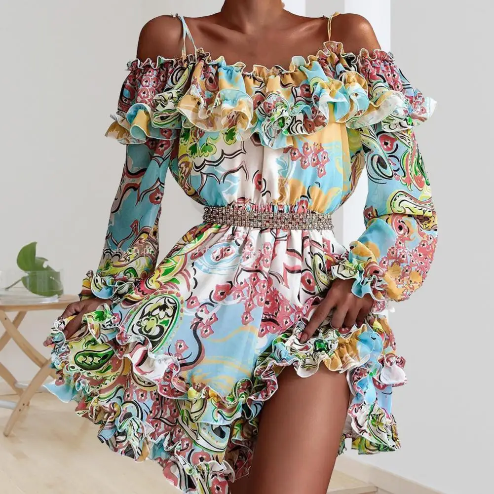 

Sling Design Elastic Waist Long Sleeve Ruffles Frill Hem Mini Dress Leopard Print Off Shoulder Lady Summer Dress Female Clothes