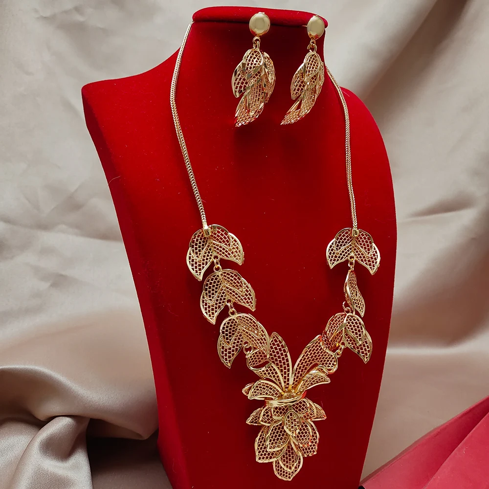 

24K Dubai Gold Color Jewelry Sets For Women African India Party Wedding Necklace Pendant Earrings Jewellery Set Engagement Gift
