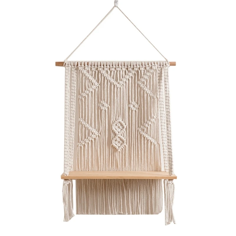 

Macrames Wall Hanging Tapestry with Wood Shelf Handwoven Bohemian Tassels Floating Plant Shelves Wedding Backgroud Drop Shipping
