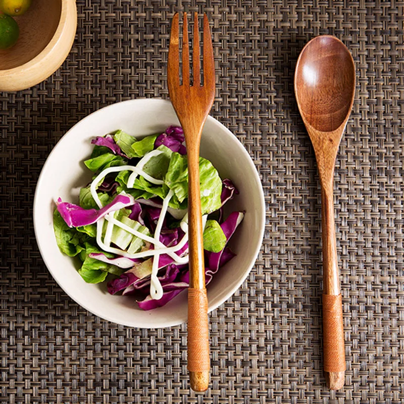 

Japanese Style Dinnerware Set Long Handled Wooden Spoon Fork Cutlery Set Teaspoon Salad Fork Kitchen Utensils Outdoor Tableware