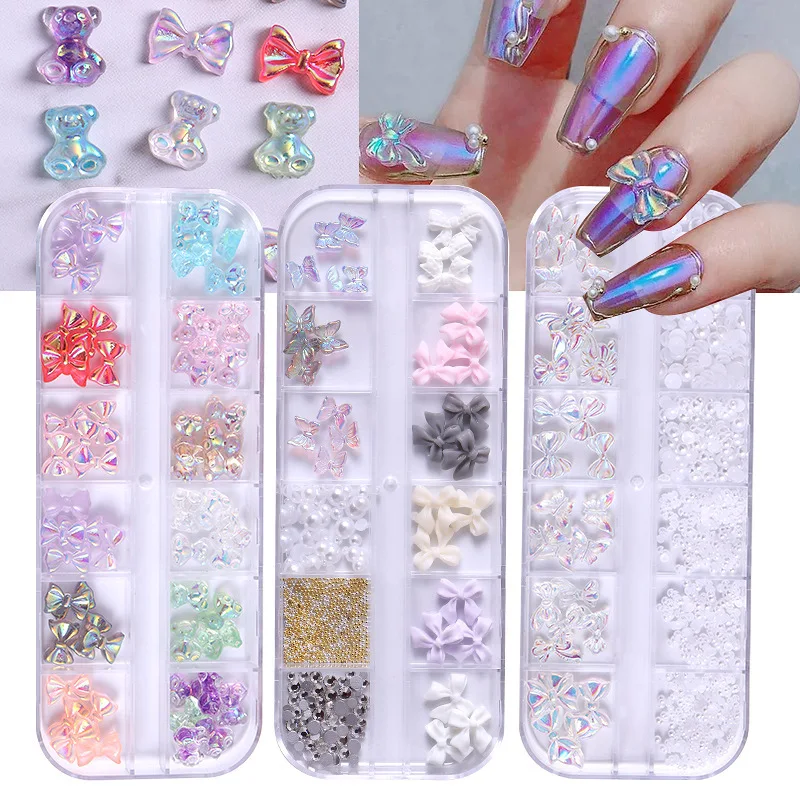 

12 Grids 3D Aurora Bow/Bowknot Mixed Nail Jewelry Nail Art Rhinestones Decoration For DIY Nail Charms Design Accessories YD04-Y1