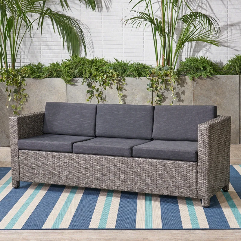 

Outdoor Wicker 3 Seater Sofa with Cushions,Black,Grey