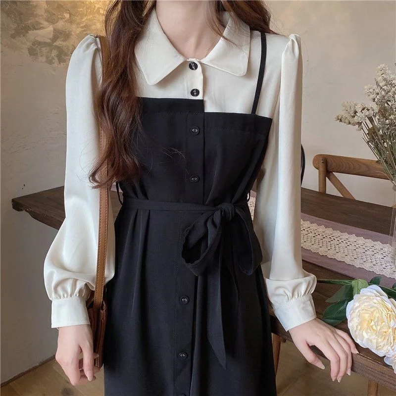 

QWEEK Soft Polo Shirt Dress Women 2021 Autumn Vintage Preppy Style Korean Long Sleeve Midi Belt Dress School Student Clothes