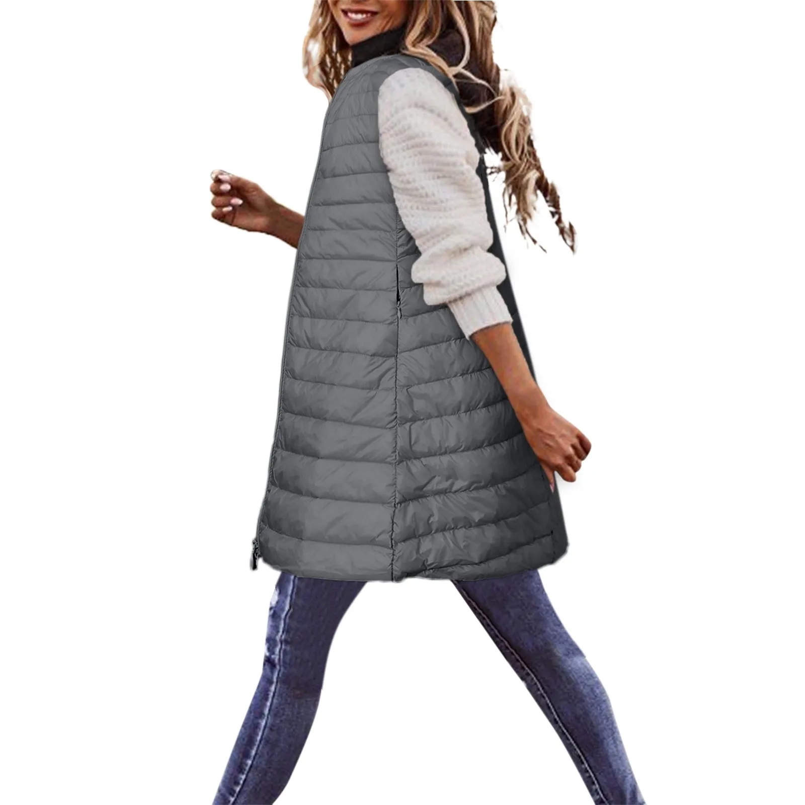 Women's Long Down Vest Winter Thin Light Down Coat Casual Slim Gilet Quilted Jacket Outdoor Winter Coat Vest Streetwear