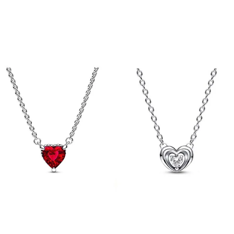 

Original Red Sparkling Heart Halo Pendant With Crystal Chain Necklace For Women 925 Sterling Silver Necklace Fashion Jewelry