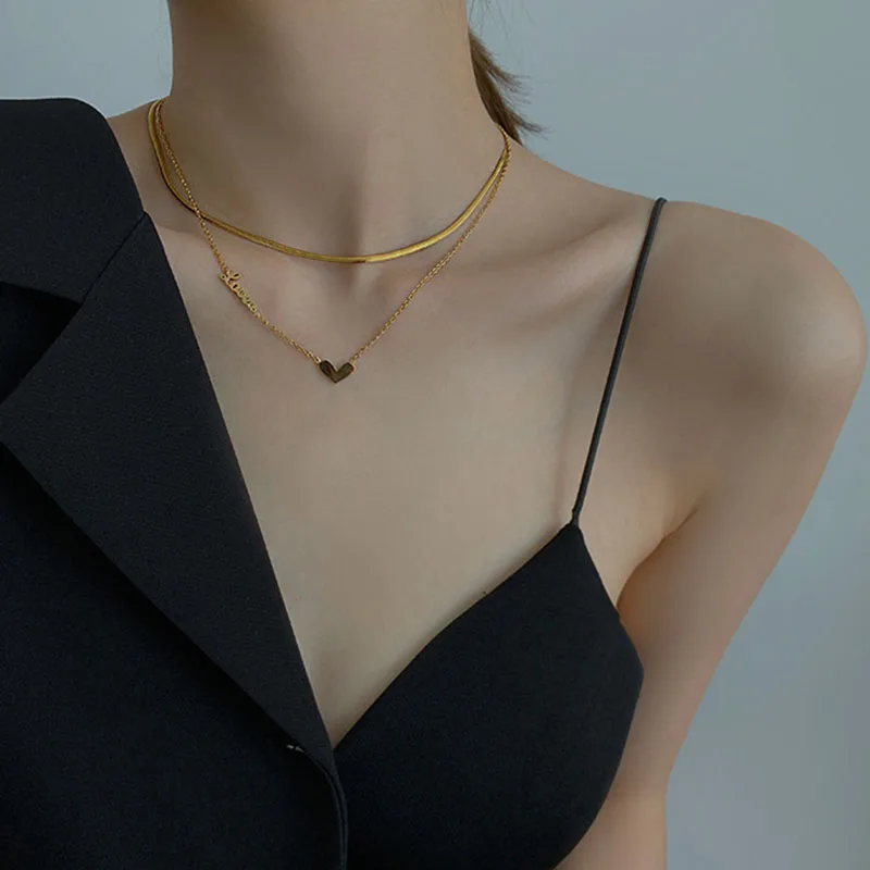 

Hot Fashion Love Ladies Necklace Snake Chain Stainless Steel Double Layer Chain Birthday Gifts Exquisite Jewelry For Women