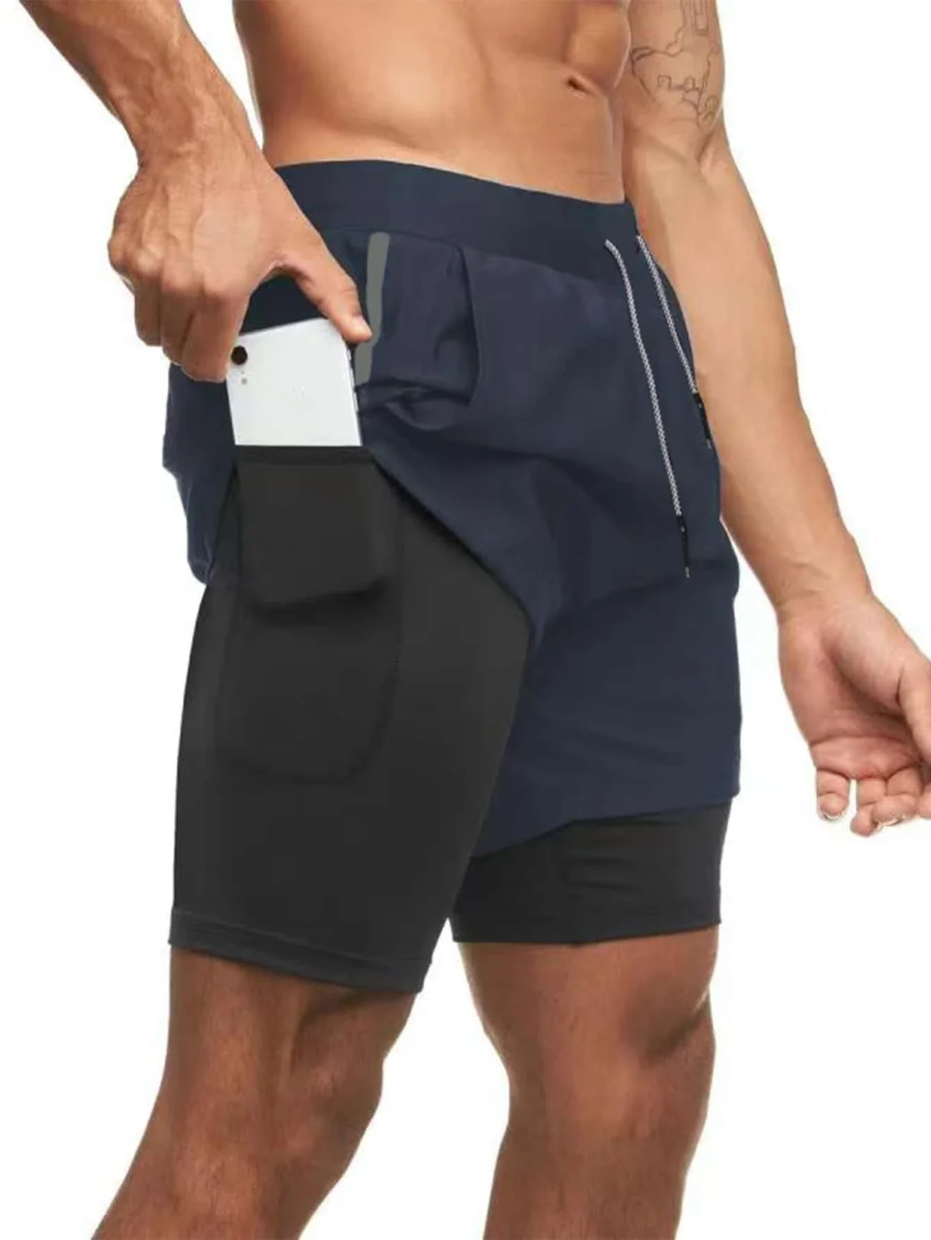 

Men Colorblock Drawstring Waist 2 In 1 Sports Shorts With Phone Pocket