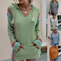 women autumn long sleeve stripes patchwork 2021 hoodie pocket knit sweater indie style casual fashion v neck knitwear pullover