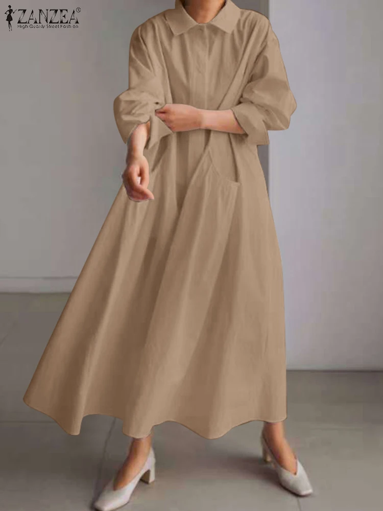 

Платье ZANZEA женское длинное на пуговицах, модное однотонное платье с длинным рукавом, рубашка с лацканами, сарафан в стиле оверсайз, на осень