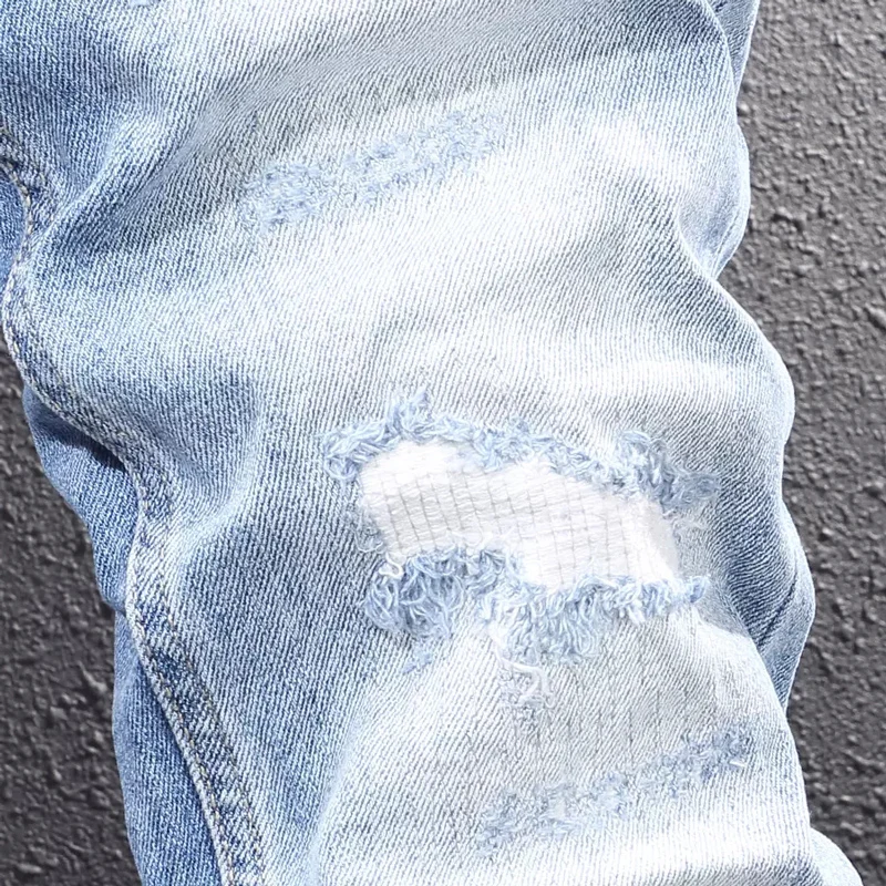 Newly Fashion Vintage Men Jeans Retro Light Blue Elastic Slim Fit Ripped Jeans Men Patchwork Designer Casual Denim Pants Hombre