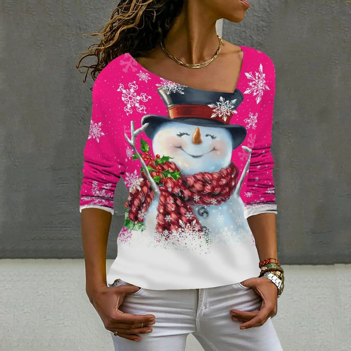 

Snake Yx Women's Fall New Christmas Snowman Print Fashion Casual Diagonal Neck Long Sleeve Top Plus Size XXS-10XL