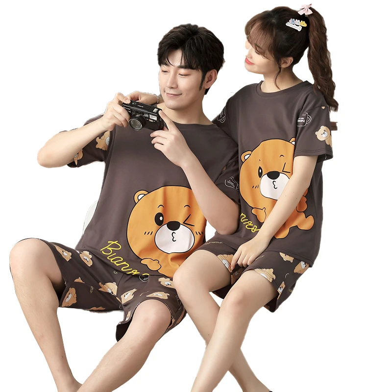 Size 5XL Summer Couple Pajamas Sets Women Pijama Cotton Korean Men Sleepwear Cartoon Bear Cute Lovers Night-Clothes Nightwear