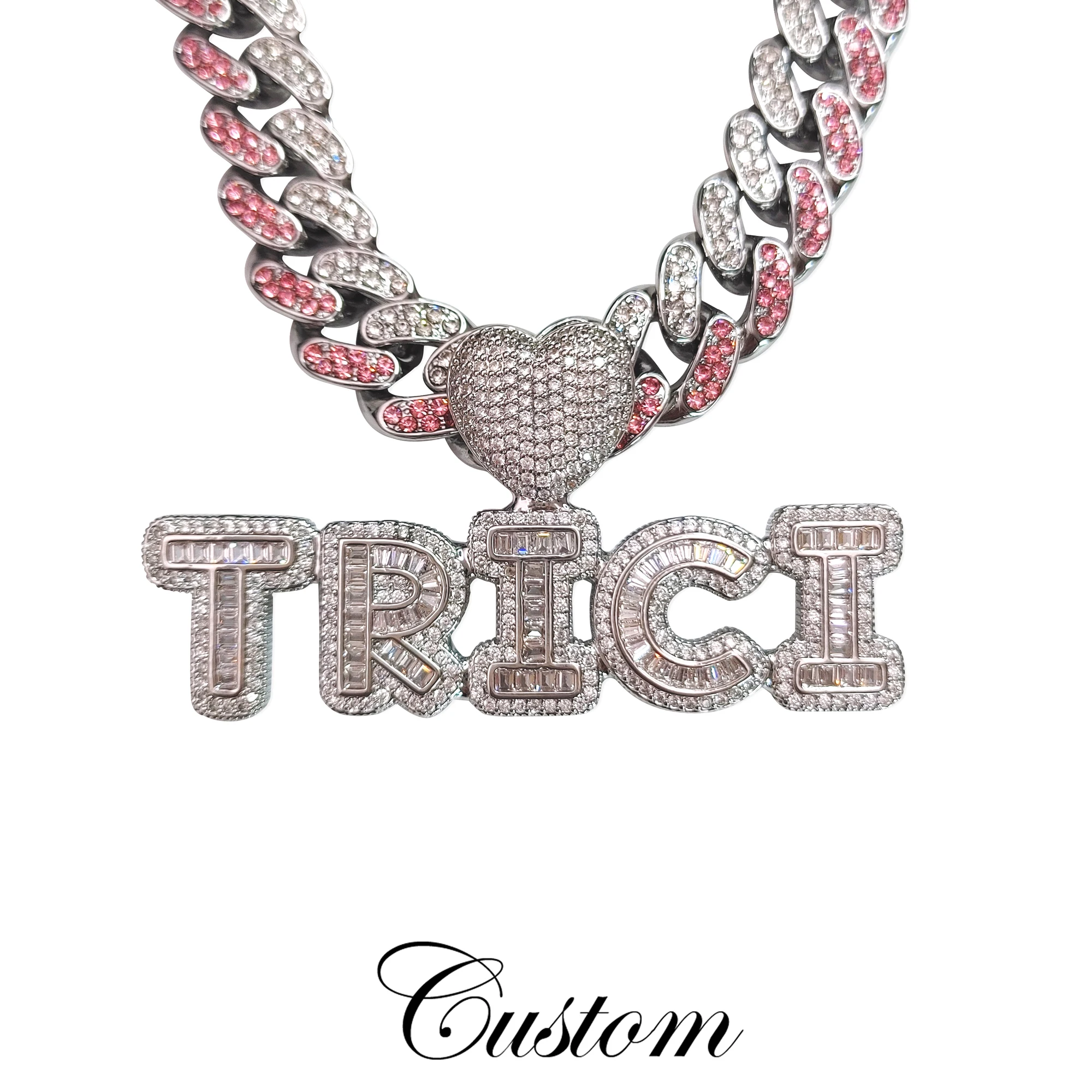 Icy Baguette Letters Nameplate with Heart Bail Custom Name Chain, Popular Personalized Women's Jewelry, Birthday Gifts for Her