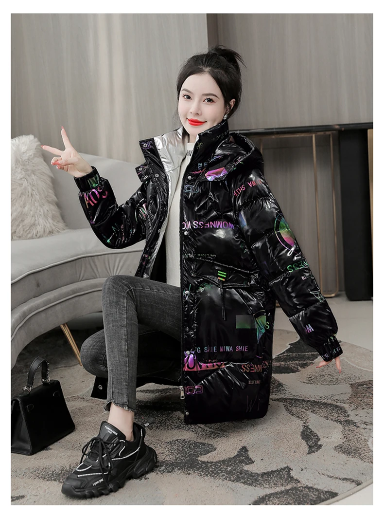 NEEDBO Winter Jacket Parkas Women Bright Coat Fur Collar Hooded Overcoat Female Thick Warm Cotton Padded Outwear