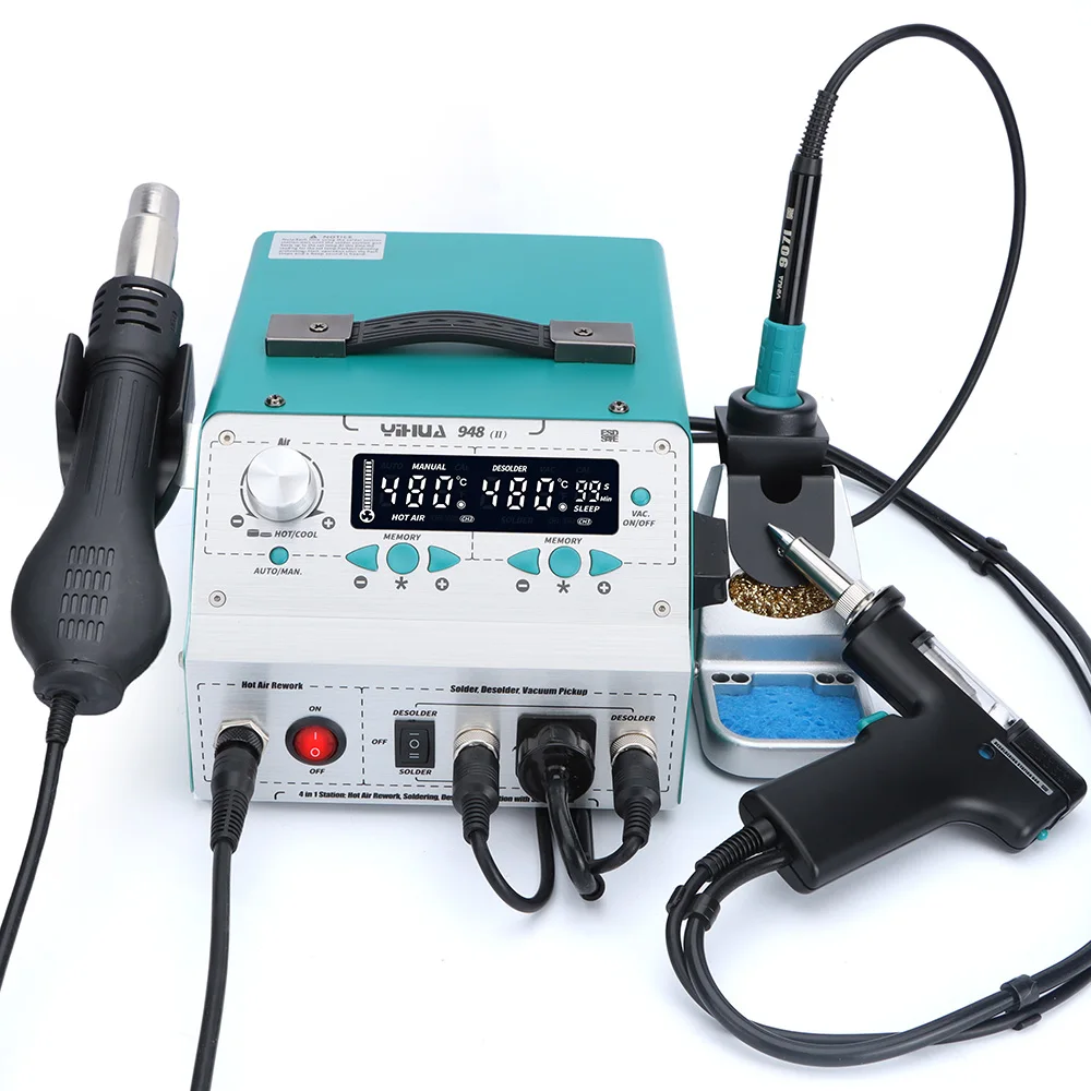 Фото Паяльная станция YIHUA 948-II 4-в-1 для SMD-компонентов с функцией горячего воздуха, автоматическим отключением и вакуумным отсосом припоя №4