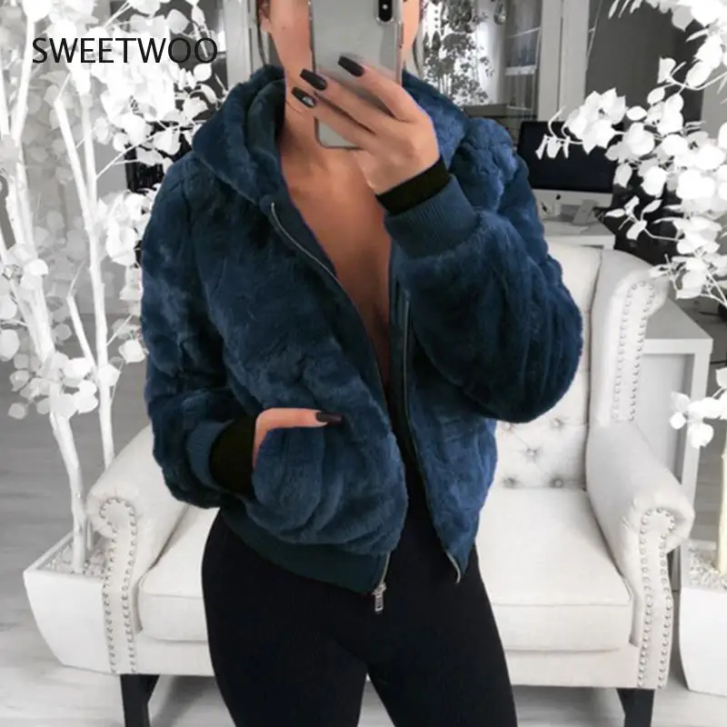 2021 New Women's Faux Fur Coat High-waist Hooded Fashion Cardigan Long-sleeved Loose Thin Faux Rabbit Fur Coat Jacket Women