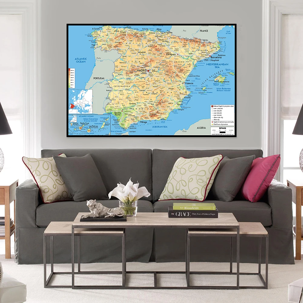 

Geographical Map of Spain 84*59cm in English Language Canvas Painting Wall Art Poster School Hanging Supplies