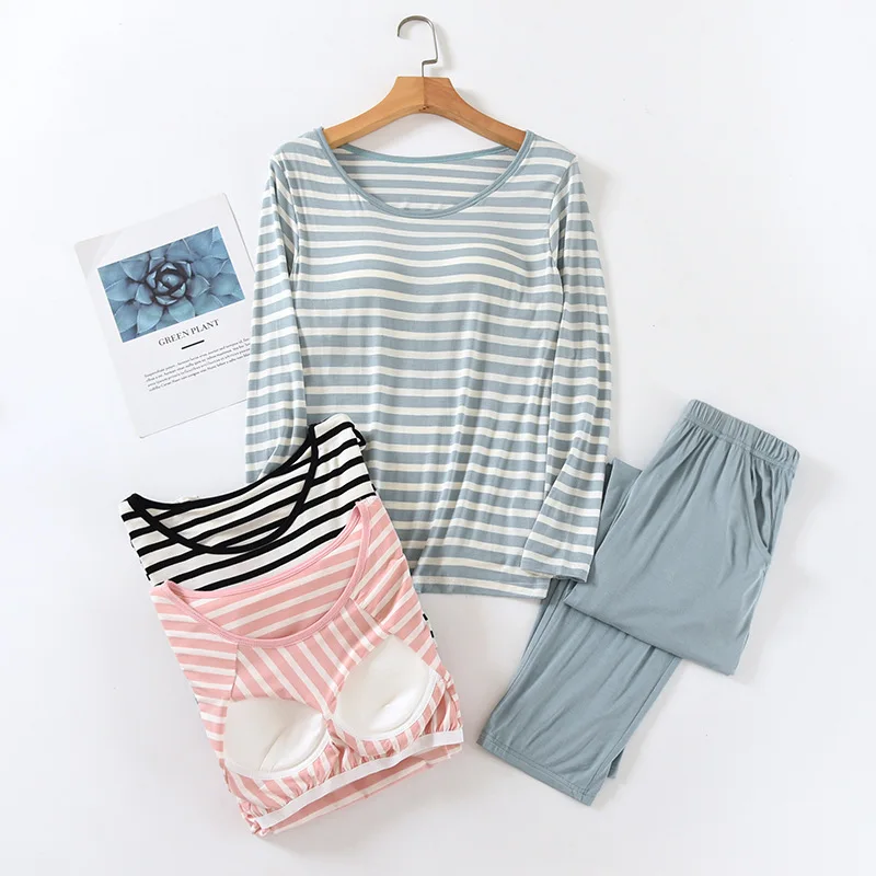 

Women's Pajamas Conjunto for Autumn Ladies Suit Modal Long-Sleeved Striped Tops with Chest Pad and Pants Night Wears for Women