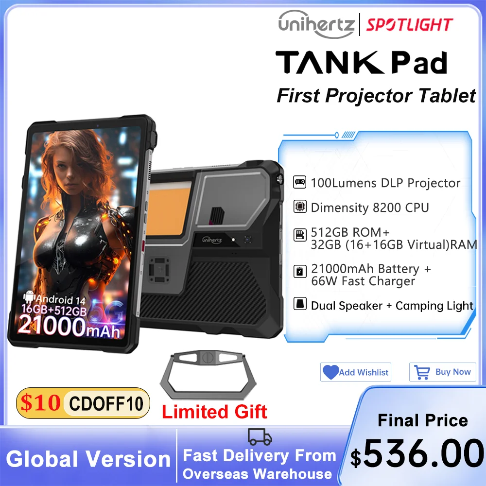 Фото Unihertz Tank PAD 8849 Прочный проектор Планшет Android 32 ГБ 512 ГБ 21000 мАч 10,95 дюйма FHD Двойной динамик Размер 8200 Планшетный телефон №1
