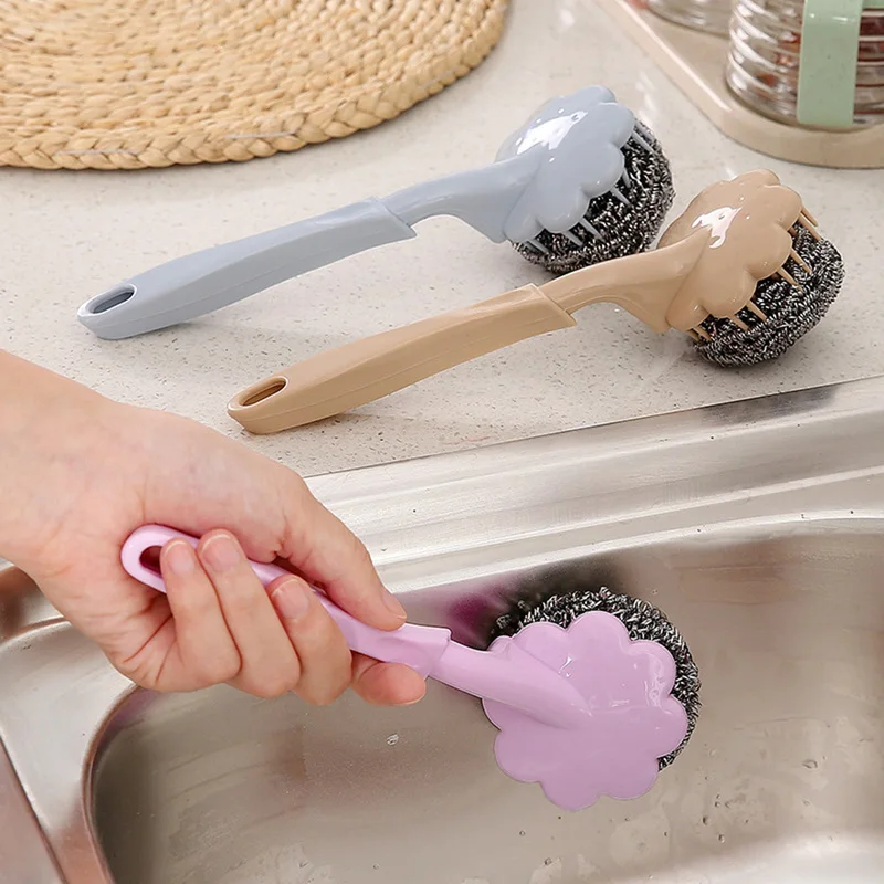

Stainless Steel Wire Ball Brush with Long Handle Kitchen Hanging Cleaning Brush Pan Kitchen Dish Handle Washing Tool