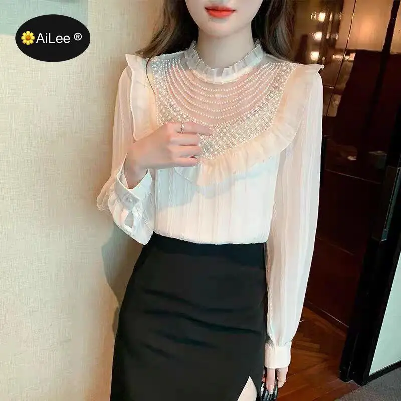 

Women Splicing Beading Chiffon Blouse Lady Party France Style Elegant Shirts Ruffles Lace See Through Fungus Designer Tuxedo Top