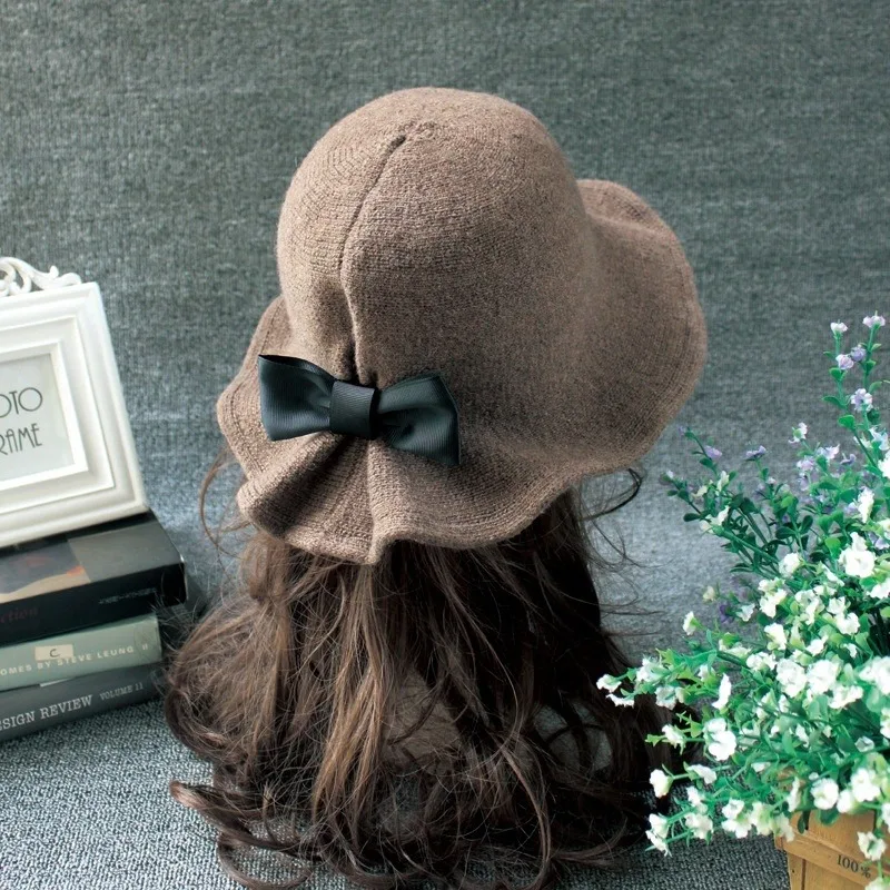 

Vintage Wool Bucket Hats Ladies Bowler Hat Fashion Bows Basin Hat Fisherman Hat Woman Winter Black Coffee Dark Camel Hat