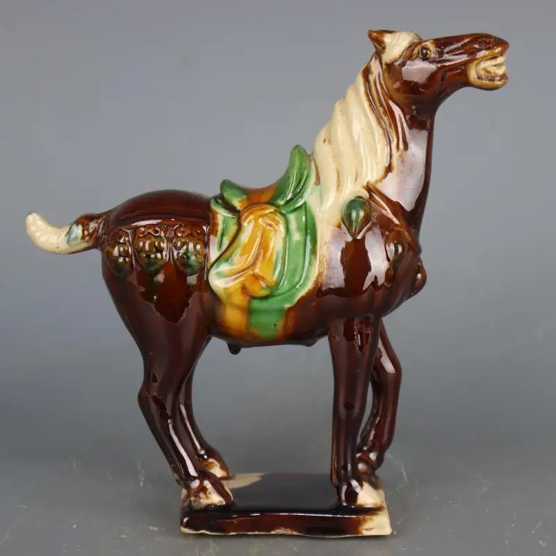 

8.7"Chinese TangDynasty Tri-coloured Glazed Pottery Animal Purple Horse Statues