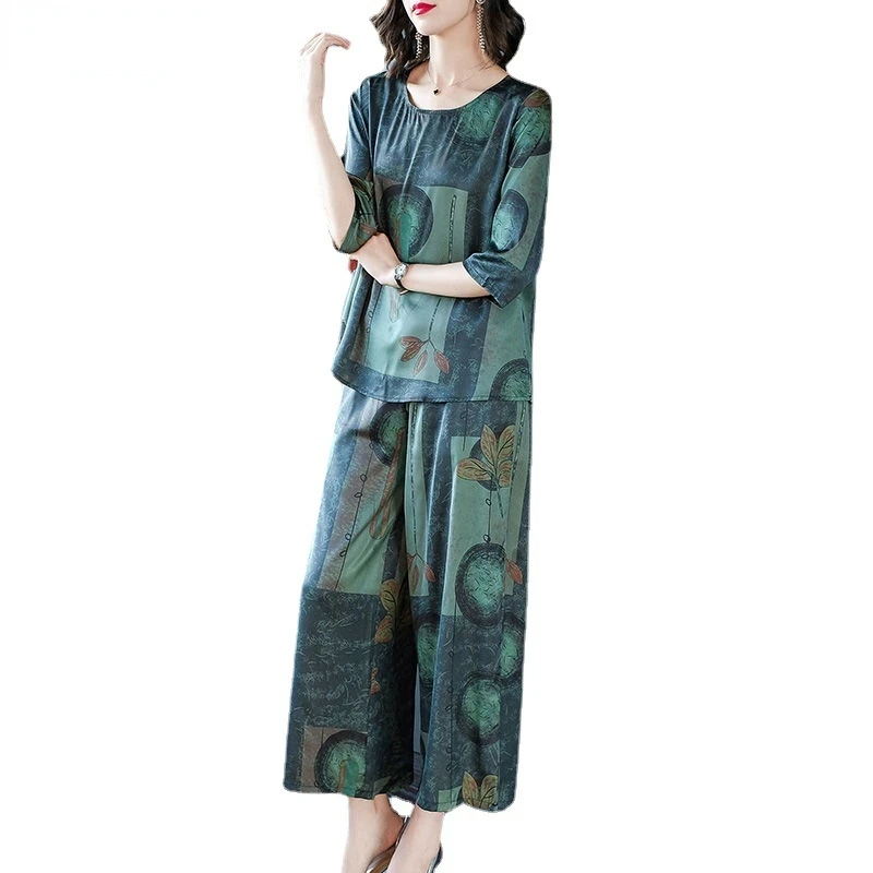 

2 Piece Sets Womens Outfits 2022 Summer Ice Silk Top and Wide Leg Pants Set Womens Outfits Casual Sets Femme Mujer Women's Suit