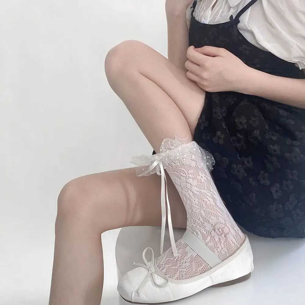 

Japanese Lolita Lace Polka Dot Lace Bow Socks JK Loli Soft Girl Calf Socks Mid-thigh Socks Summer Thin Calf Socks Women Socks