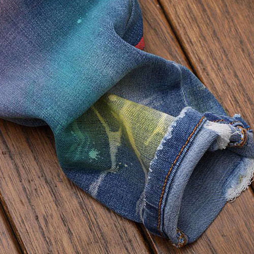 Men Jeans Printing Slim Fit Denim Trousers Biker High Quality Male Stragiht Casual Designer Embroidery  Graffiti  High Street