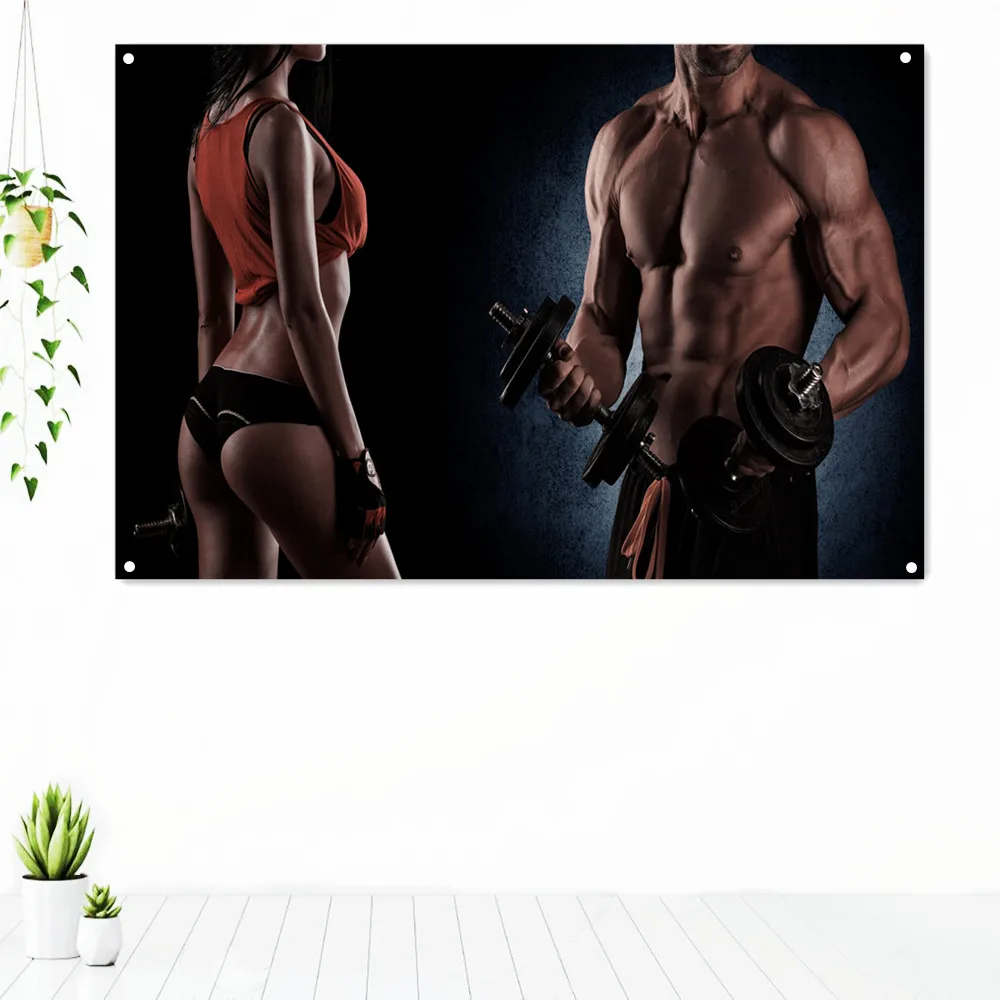 

Fitness Couple Banners Flags Wall Hanging Gym Wallpaper Canvas Painting Workout Bodybuilding Tapestry Home Decoration Gift D4