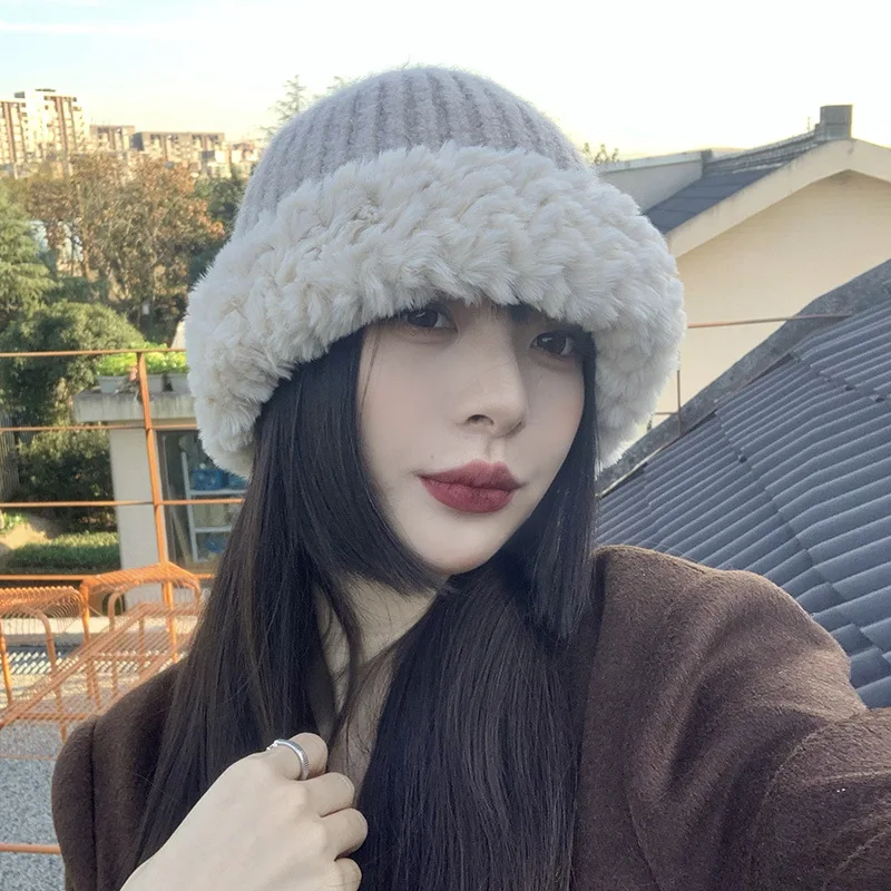 

2022 New Plush Fisherman Hat Female Korean Version Retro Fashion Outdoor Warm Casual Knitted Beanie Skull Hats Winter Panama Cap