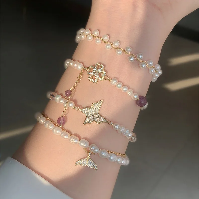 

Freshwater Pearl Bracelet for Women Jewelry Supplies Classic Retro Fishtail Butterfly Flower Charm Bracelet for Girls Gift