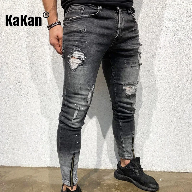 Kakan - New European and American Trend Distressed Small Leg Jeans for Men, Black Leg Zipper Stretch Long Jeans K45-NK52
