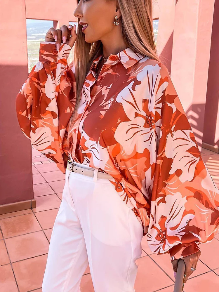 

Женская блузка на пуговицах, элегантная офисная рубашка с отложным воротником и цветочным принтом, свободные пляжные блузки с рукавами-фон...