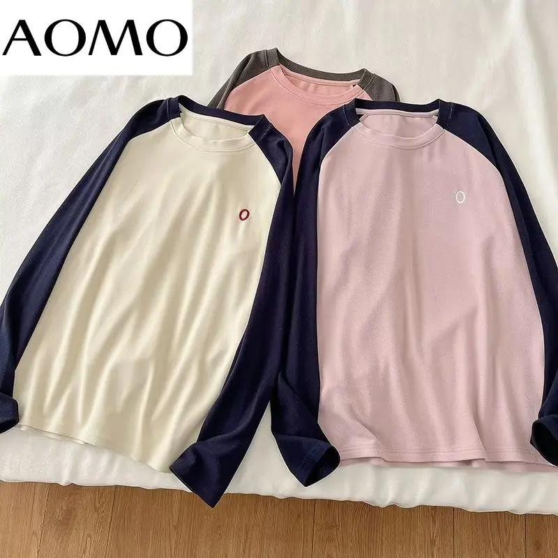 

AOMO Spring Women Embroidery Oversized T Shirt Patchwork Long Sleeve O Neck Tees Ladies Top XLJ119A