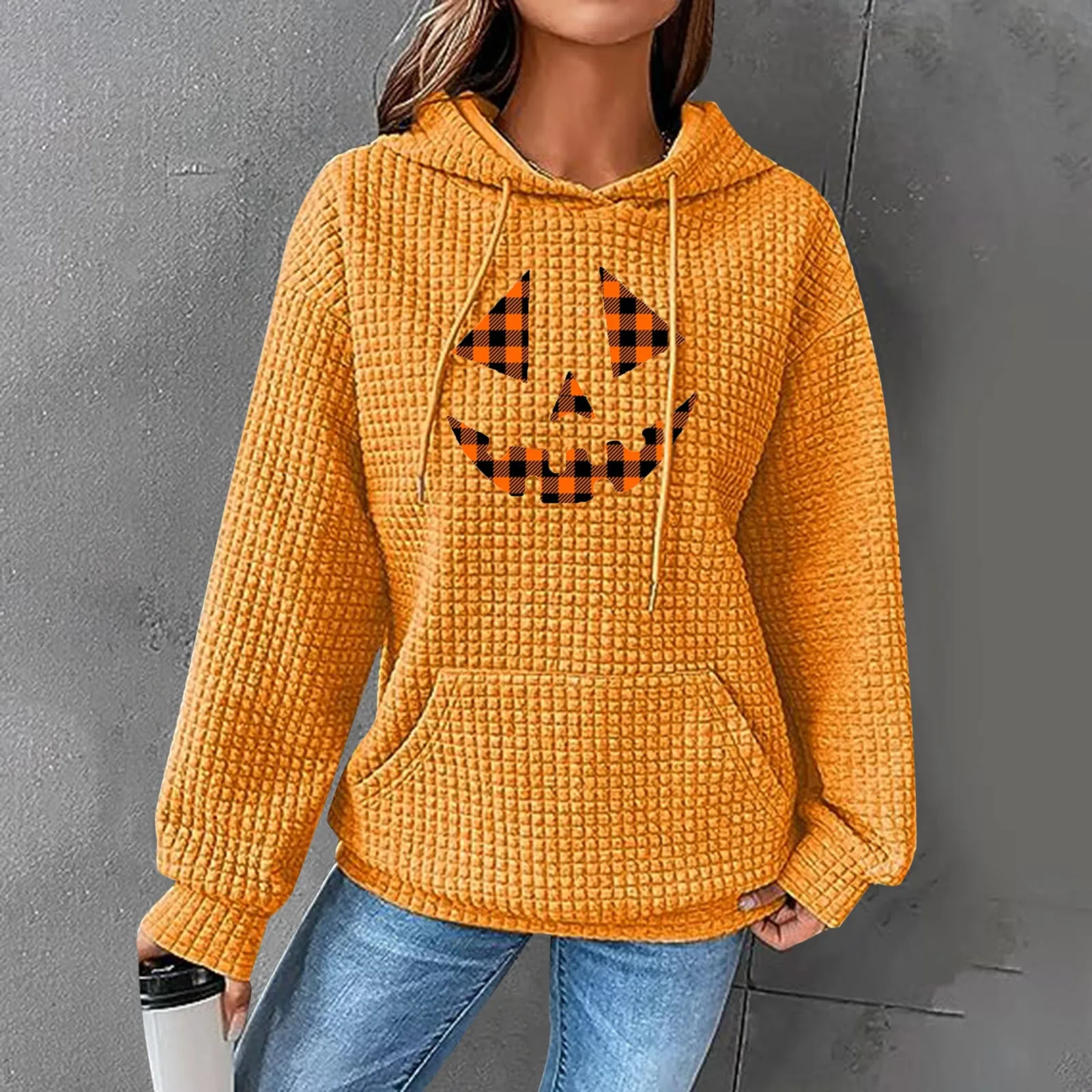 

Женская толстовка с графическим принтом на Хэллоуин, свитшот с забавным пемкиным лицом, Свободный пуловер с длинным рукавом, осенняя Женская одежда, уличная одежда