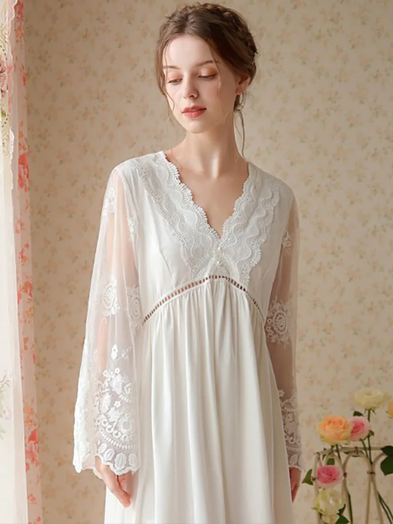 Women 2022 French Vintage Princess Pajamas Embroidery Cotton Mesh V-Neck Lace Slit Long Sleeve Nightdress Spring Autumn Vestidos