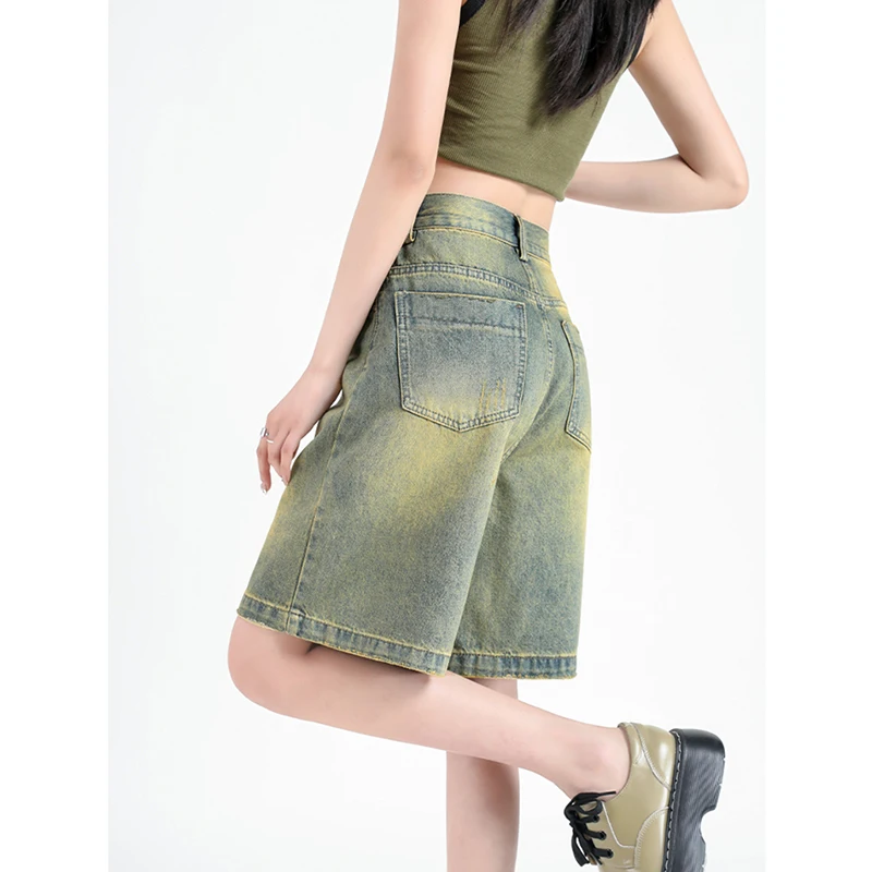 Real time versatile five point jeans women's nostalgic blue shorts 2023 summer high waisted slim fashion A-line pants trend