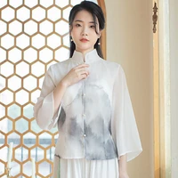 cheongsam womens plus size stand collar hanfu tops 2022 summer new blend chiffon prints chinese style tang costume shirts woman