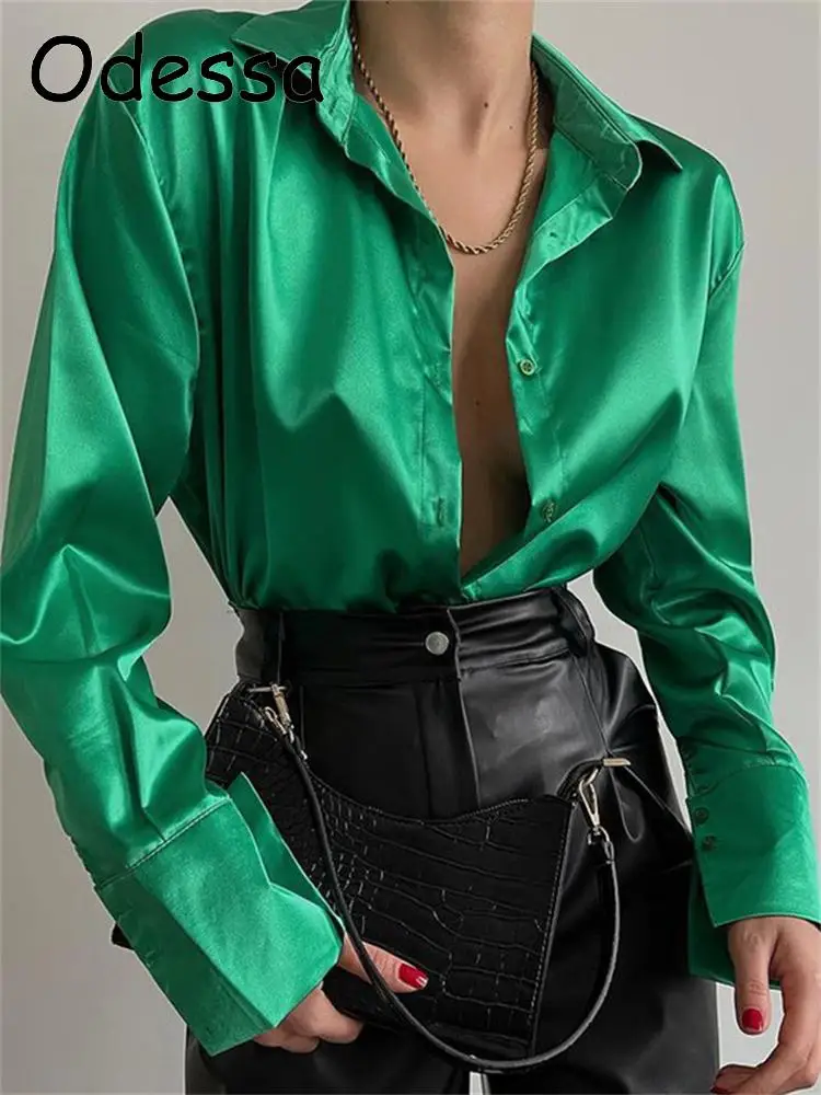 

Odessa Casual Long Sleeve Women Stain Shirts Office 2022 Winter Spring Elegant Turn Down Colllar Women's Blouses New with Botton