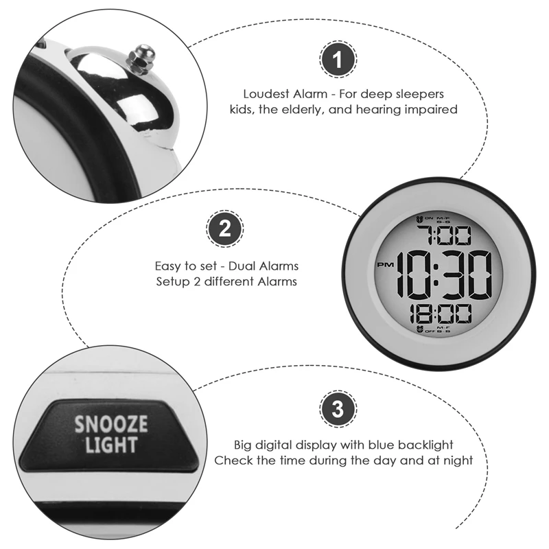 Цифровой будильник дисплей времени даты двойной колокольчик очень громкий для